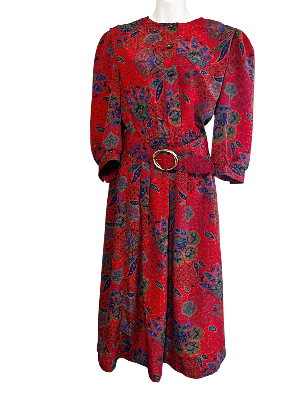 Vintage Lady Carol Red Paisley Belted Midi Dress with Puff Sleeves